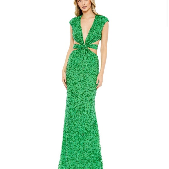 Mac Duggal women's spring‎ green sequin dress size 6 gown side cutout NWT - Picture 1 of 16